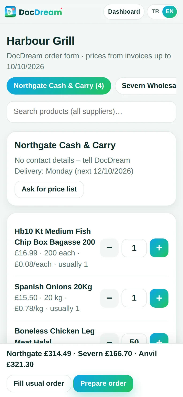 Order from the cheapest supplier – Built from your own invoices. Every item sits with the supplier who sells it for less.